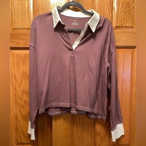 Aerie Mauve Purple Split Neck Cropped Rugby Long Sleeve - New w/ Tags - Large
